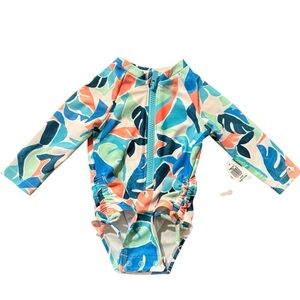 Old Navy Baby Girls Zip Front  Rashguard One-Piece Swimsuit Size 0-3 M UPF 50